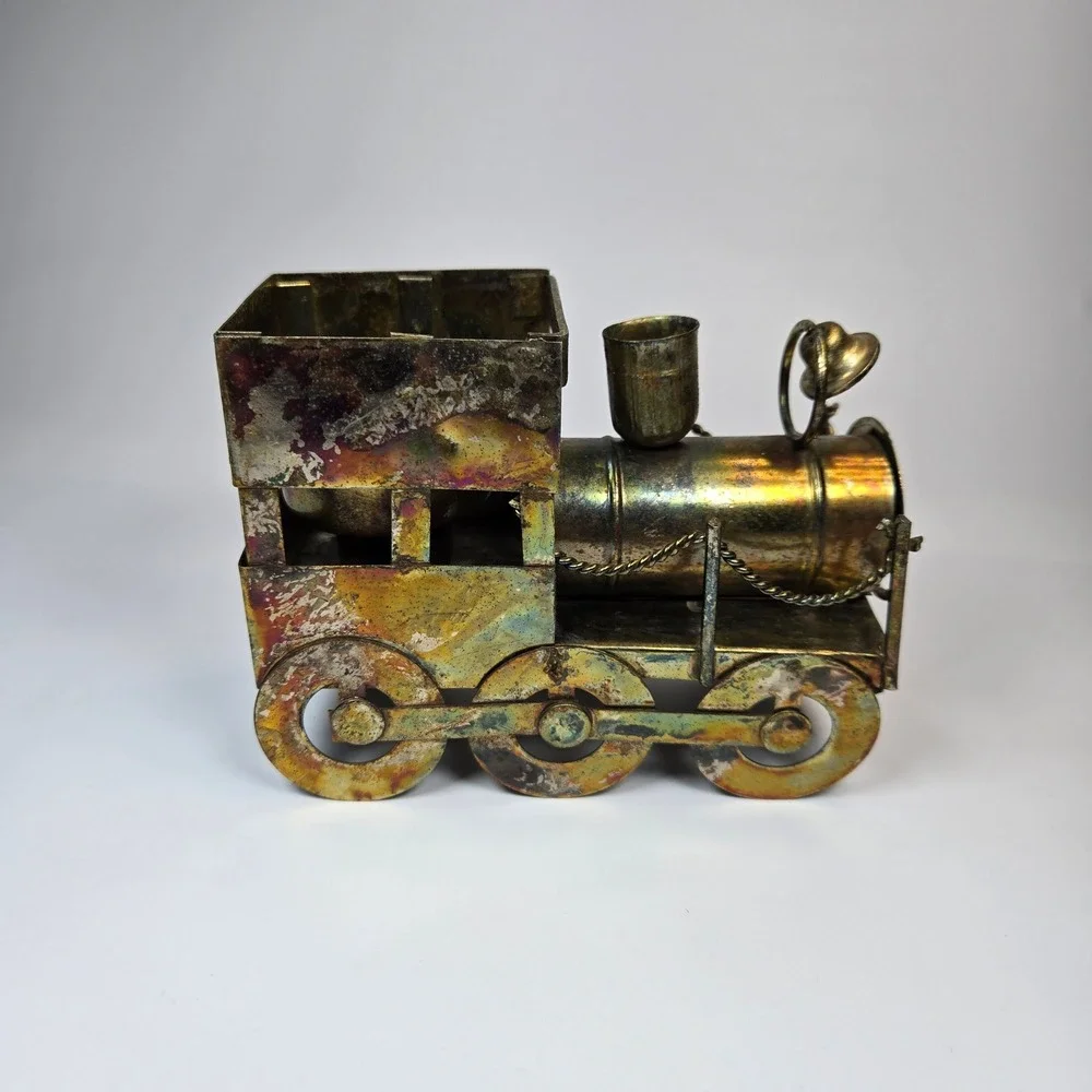 Vintage Metal Tin Train Railroad Engine Candle Holder Patina Copper Brass Tone‎